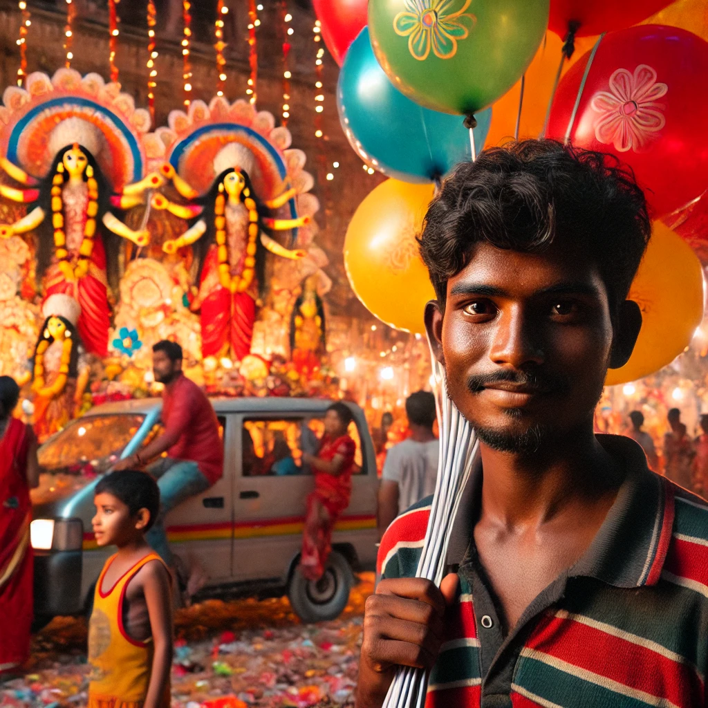 Durga puja destical festival lights and crowds with a balloon man